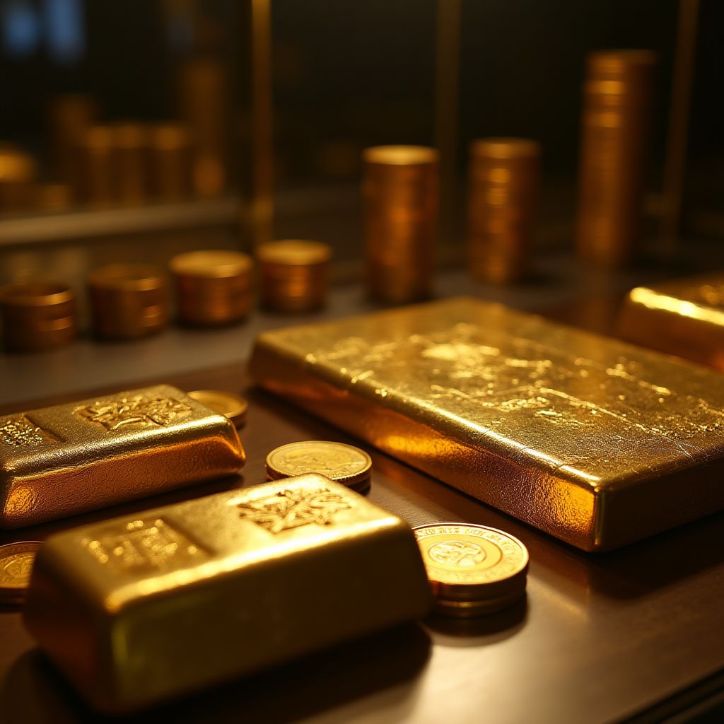Exposición de lingotes y monedas de oro para inversión